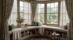 Bay window dressed with thermal curtains for energy saving in a traditional terraced house.