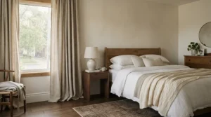 Bedroom window showing thermal curtains for energy saving to block cold draughts at night.
