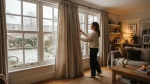 Heavy insulated curtains for energy saving fitted in a cosy British living room during winter.