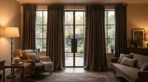Floor-length thermal curtains for energy saving fitted over large sliding patio doors.