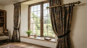 Traditional sash window fitted with thermal curtains for energy saving in an older home.